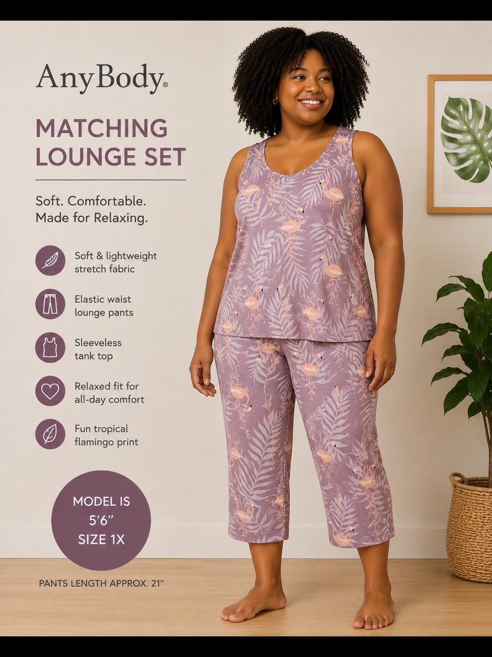 AnyBody 3PC Flamingo Lounge Set Plus Size 1X Pajama Pants Tank Tee